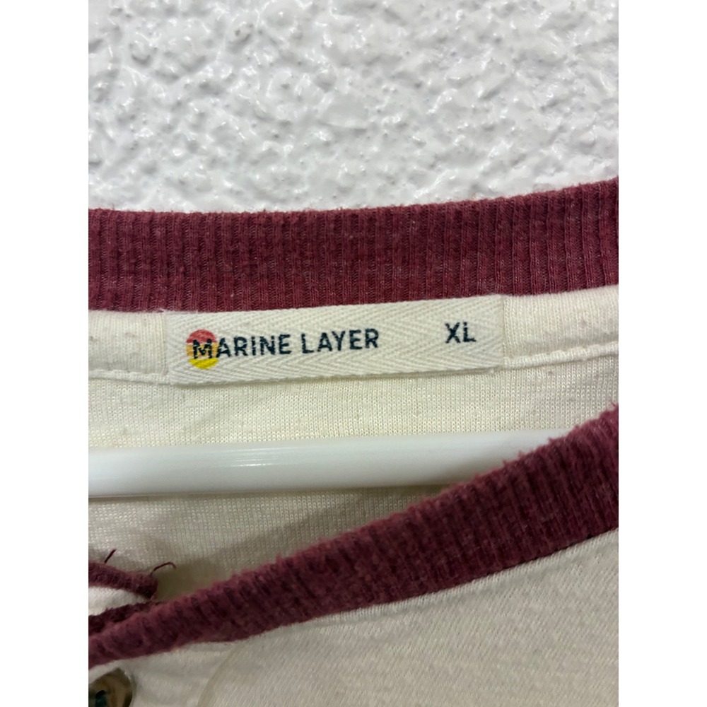Marine Layer Henley Shirt Mens XL Cream Maroon Baseball Tee T-Shirt - Picture 3 of 3